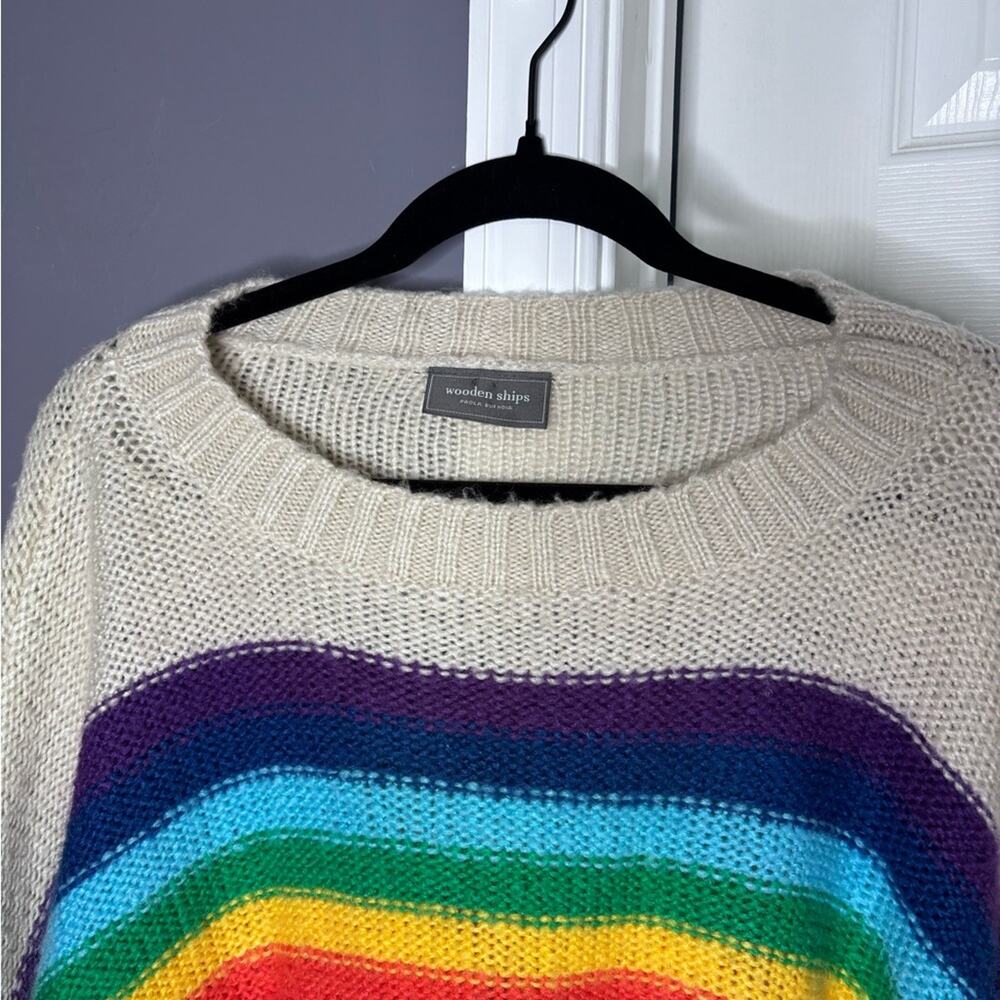 Wooden Ships Beige Rainbow Striped Mohair Wool Blend Sweater S/M - Picture 2 of 7